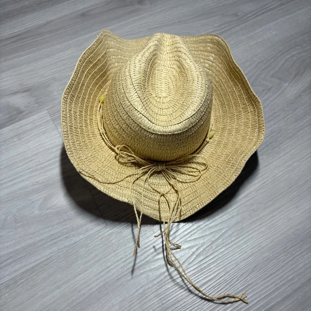 White Mountain Hat Womens Tan Straw Cowboy Hat Beaded Western Sun Hat OS